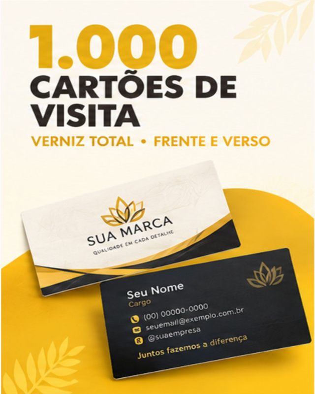 ? CART?ES DE VISITA PERSONALIZADOS ? FRENTE E VERSO
Sua marca em cada detalhe!
Tenha mais espa?o para apresentar seus servi?os, contatos e redes sociais com 1.000 cart?es de visita coloridos frente e verso, com acabamento em verniz total.
Um