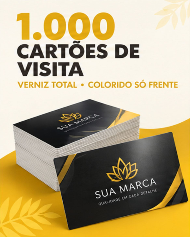 ? CART?ES DE VISITA COM VERNIZ TOTAL
Sua primeira impress?o merece ser inesquec?vel!
Valorize sua marca com 1.000 cart?es de visita coloridos na frente e acabamento em verniz total, ideais para apresentar seu neg?cio com mais profissionalismo e