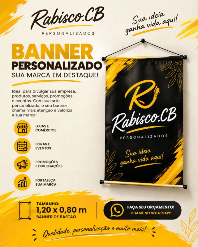 ? BANNERS PERSONALIZADOS ? SUA MARCA EM EVID?NCIA!
Destaque seu neg?cio e atraia mais olhares!
Produzimos banners personalizados para divulgar sua empresa, produtos, servi?os, promo??es e eventos.
Com espa?o para sua marca e suas principais